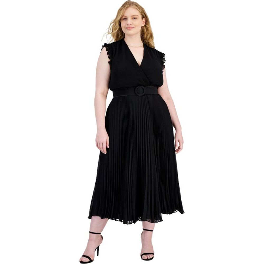 Taylor Womens Pleated Belted A-line Dress, Black, Plus Size, 20W, MP